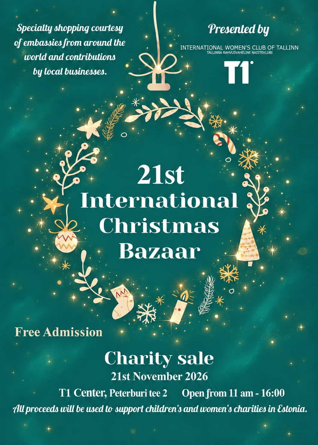 21st International Christmas Bazaar, Charity sale, 21st November 2026, T1 Center, Peterburi tee 2, 11:00-16:00, free admission